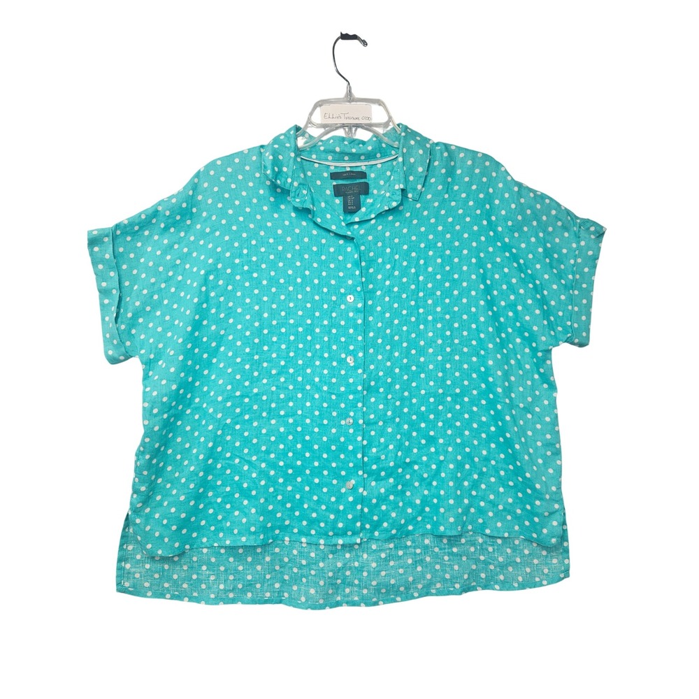 Rachel Rachel Roy Womens Small Turquoise Blue Polka Dot 100% Linen Button Up Top